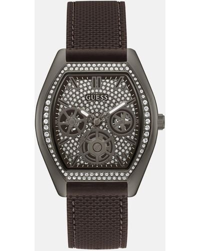 Guess Factory Dark Silver-tone And Brown Silicone Analog Watch - Gray