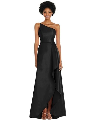 Alfred Sung One-shoulder Satin Gown With Draped Front Slit And Pockets - Black