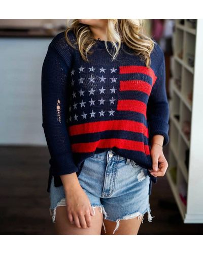 Wooden Ships Flag Distressed Cotton Crew Neck Sweater - Blue
