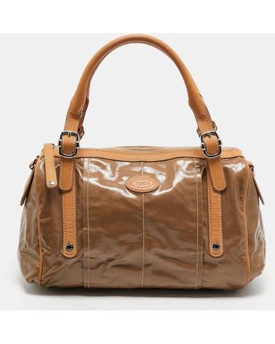 Tod's /beige Coated Canvas And Leather G-bag Easy Sacca Satchel - Brown