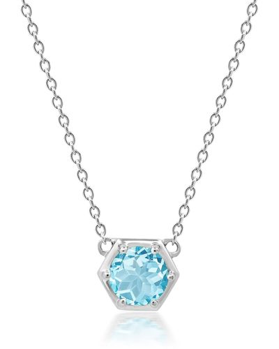 Nicole Miller Sterling Silver Round Gemstone Hexagon Stationary Pendant Necklace On 18 Inch Chain - Blue
