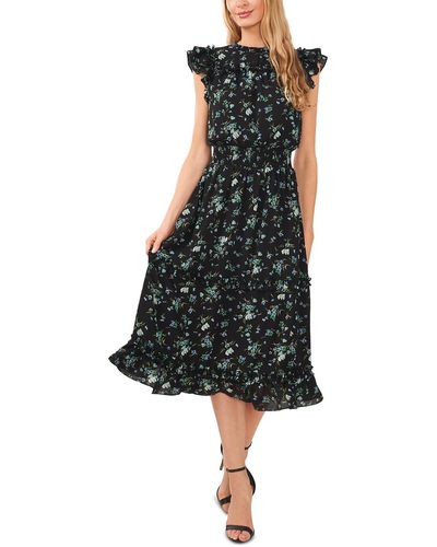 Cece Floral Calf Midi Dress - Black
