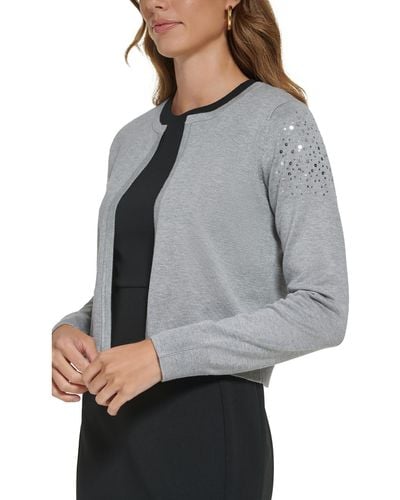 DKNY Heathered Short Cardigan Sweater - Gray