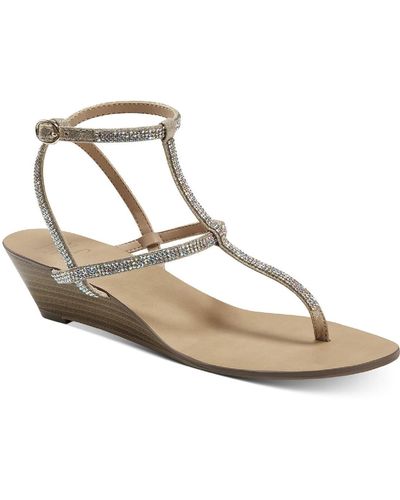 INC Madge T Strap Ankle Wedge Sandals - Metallic