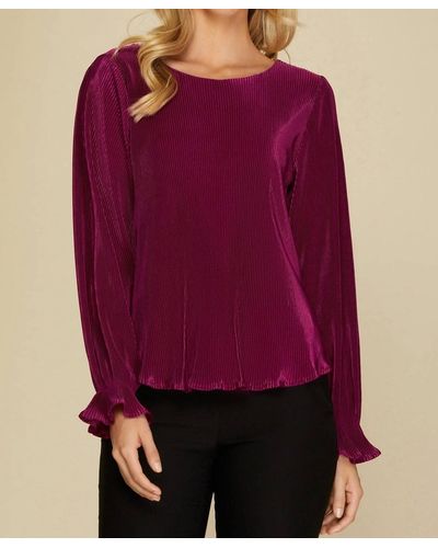 She + Sky Long Sleeve Plisse Top - Red