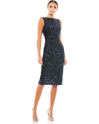Ieena for Mac Duggal Draped Back Boatneck Sequined Cocktail Dress - Blue