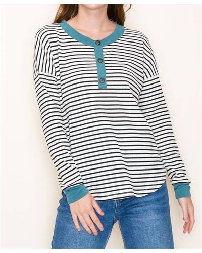 Staccato Half Button Long Sleeve Marled Top - Blue