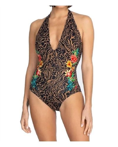 Johnny Was Halter Embroidered Onepiece Swimsuit - Blue