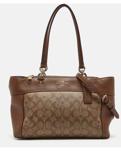 COACH /beige Signature Coated Canvas And Leather Brooke Satchel - Brown