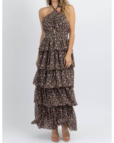 Olivaceous Hyland Floral Frill Maxi Dress - Brown