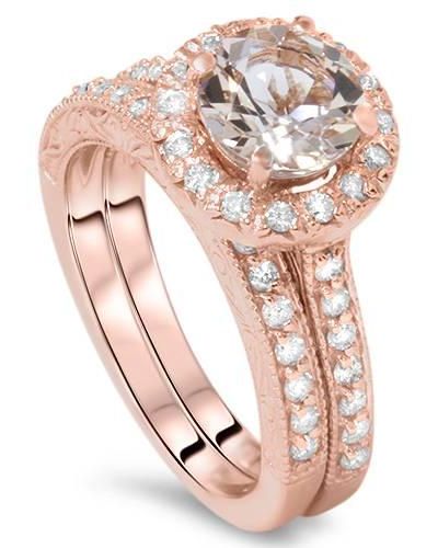 Pompeii3 1 7/8ct Vintage Morganite & Diamond Engagement Wedding Ring Set - Pink