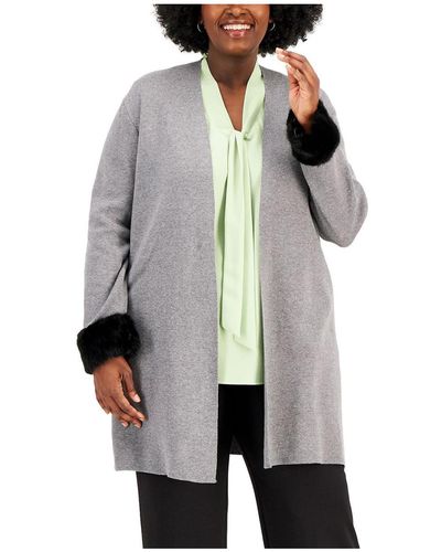 Kasper Plus Faux Fur Open Front Cardigan Sweater - Gray