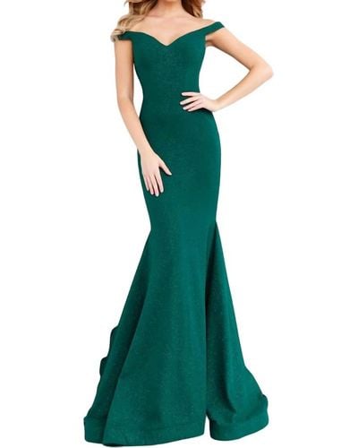 Jovani Sparkle Gown With Off Shoulder Long Train - Green