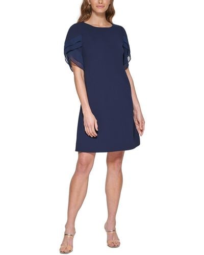 DKNY Chiffon Ruffled Sleeve Shift Dress - Blue