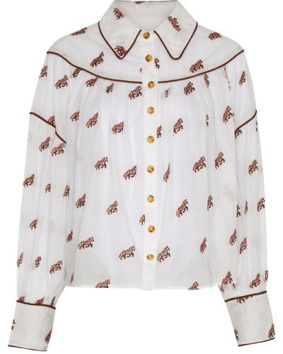 FARM Rio Embroidered Horses Volumnious Long Sleeve Top Blouse Off - Gray