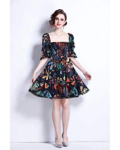 Kaimilan Black & Color Print Day A-line Squareneck Elbow Sleeve Above Knee Dress - Multicolor