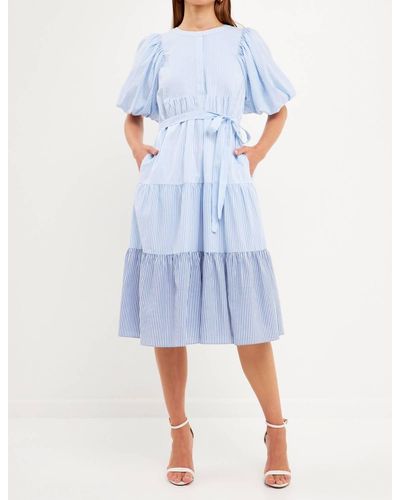 English Factory Ms. French Puff Sleeve Midi Dress - Blue