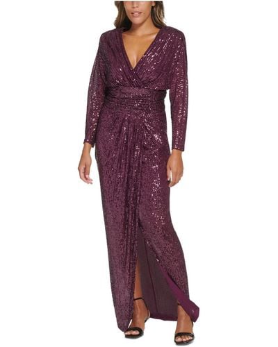Calvin Klein Sequined Ruched Evening Dress - Purple