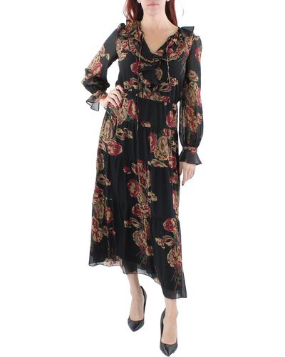 Lauren by Ralph Lauren Georgette Floral Long Midi Dress - Black