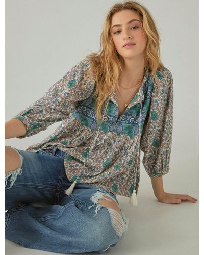Lucky Brand Print Mix Peasant Blouse - Blue