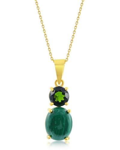 Simona Sterling Silver Oval Malachite W/ Round Chrome Diopside Pendant - Gold Plated - Green