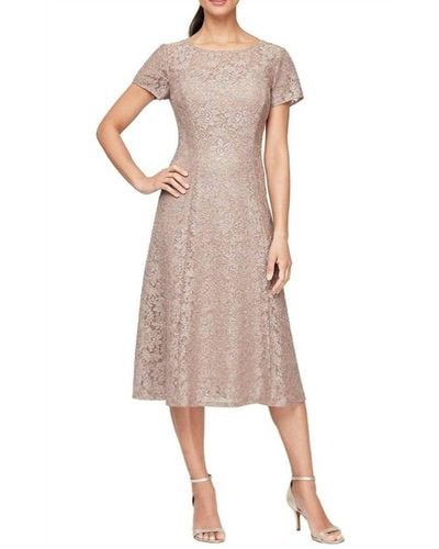 SLNY Cap Sleeve Tea Length Sequin Lace Dress - Pink