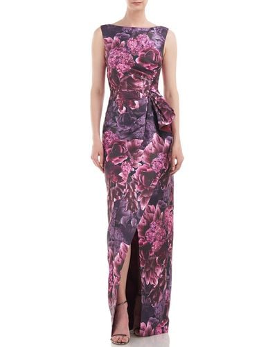 Kay Unger Floral Cascade Ruffle Evening Dress - Purple