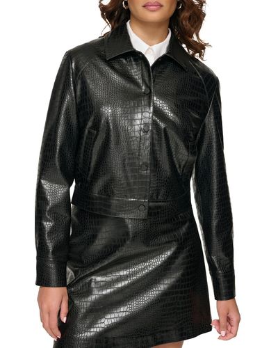 Calvin Klein Cropped Faux Leather Motorcycle Jacket - Black