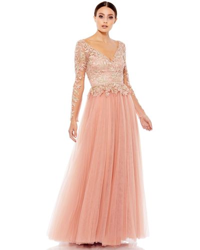 Mac Duggal Lace Illusion Long Sleeve Sweetheart Neck Gown - Pink