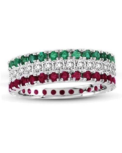 Suzy Levian 14k White Gold Diamond Ruby Emerald 3-piece Eternity Band Ring Set - Green