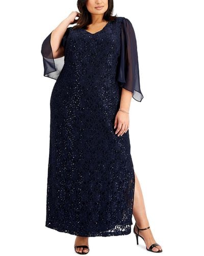 Connected Apparel Plus Lace Maxi Evening Dress - Blue