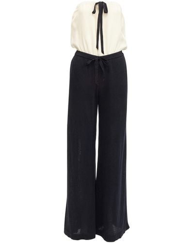 Chanel Cc Resin Button Black Beige Linen Strapless Wide Leg Jumpsuit - Blue
