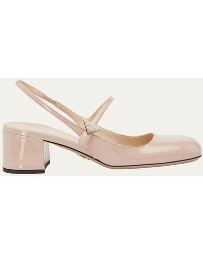 Prada Patent Leather Mary Jane Slingback Pumps Shoes In Nude - Black