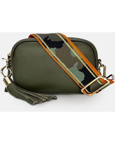 Apatchy London The Mini Tassel Olive Leather Phone Bag With Orange & Gold Stripe Camo Strap - Green