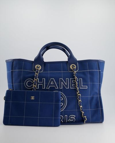Chanel Canvas Medium Deauville Tote Bag With Champagne Gold Hardware - Blue