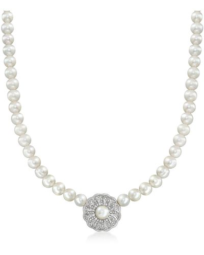 Ross-Simons 5-6.5mm Cultured Pearl Choker Necklace With . Diamonds - Metallic