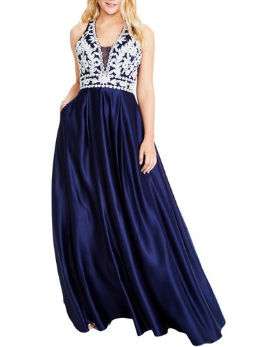 Blondie Nites Juniors Embroidered Embellished Evening Dress - Blue