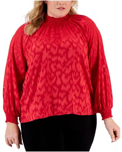 Calvin Klein Plus Textu Smocked Pullover Top - Red