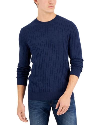 Alfani Cable Knit Cotton Crewneck Sweater - Blue