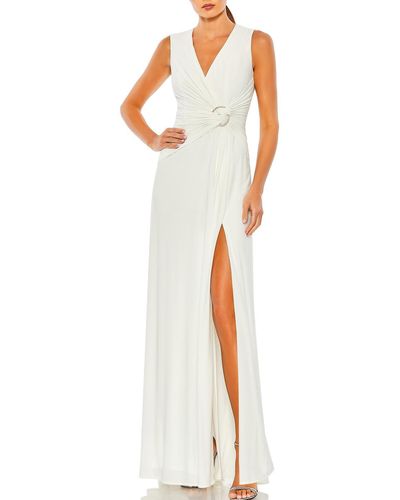 Ieena for Mac Duggal Faux Wrap Long Evening Dress - White