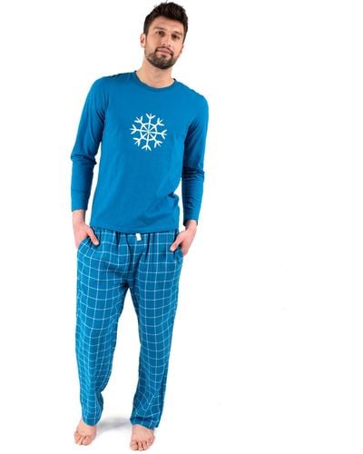 Leveret Christmas Cotton Top Flannel Pant Pajamas Snowflake - Blue