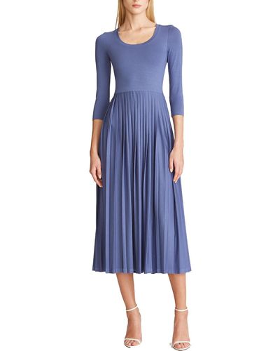 Halston Amy Pleated Long Sleeves T-shirt Dress - Blue