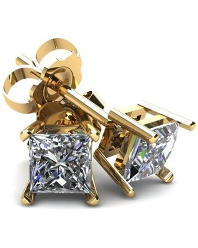 Pompeii3 1.00ct Square Princess Cut Natural Diamond Stud Earrings In 14k Gold Basket Setting - Blue