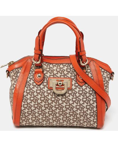 DKNY /beige Monogram Canvas And Leather Zip Satchel - Red