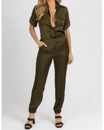 Olivaceous Satin Button Utility Jumpsuit In Olive - Green