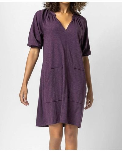Lilla P 3/4 Sleeve Split Neck Dress - Purple