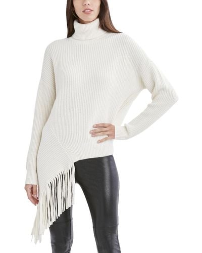 BCBGMAXAZRIA Ribbed Knit Fringe Turtleneck Sweater - White