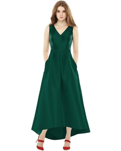 Alfred Sung Sleeveless Pleated Skirt High Low Dress With Pockets - Green