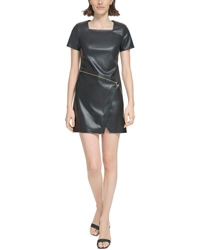 Calvin Klein Petites Faux Leather Short Sheath Dress - Black