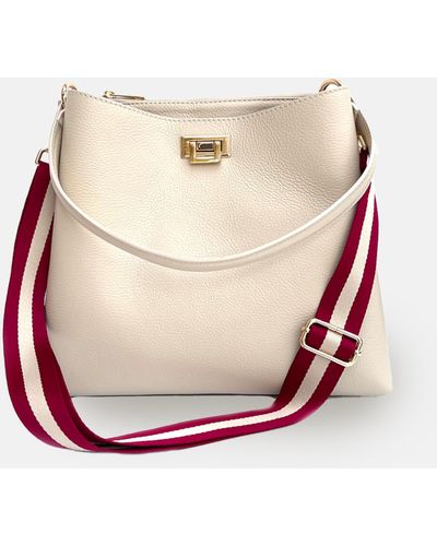 Apatchy London Stone Leather Tote Bag With Red & Gold Stripe Strap - Pink